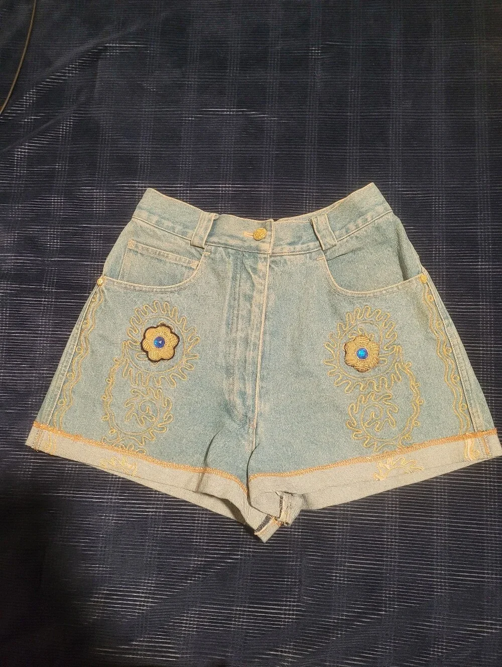 Vintage Light Blue Embroidered Denim Shorts - Women's Summer Casual